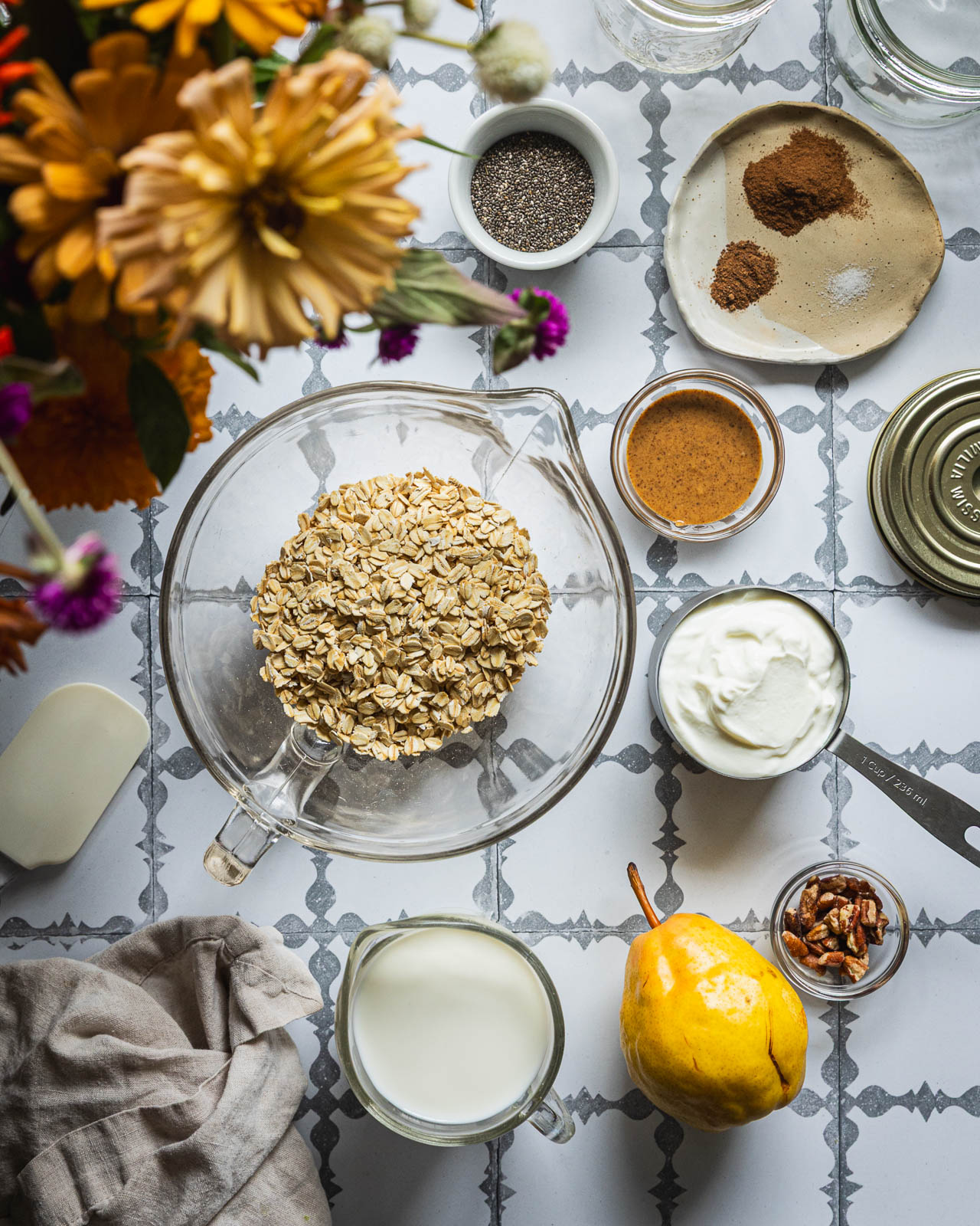 Ingredients for high protein overnight oats with pear