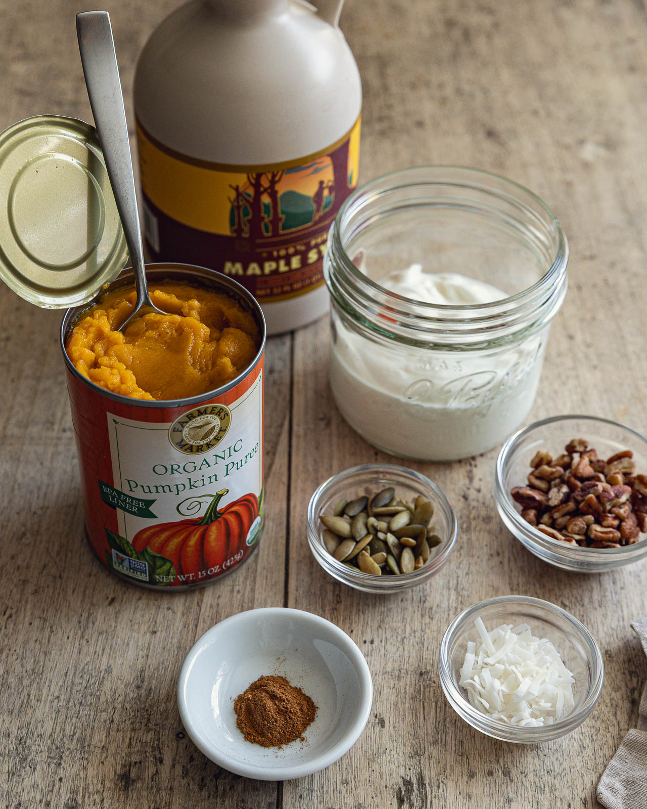 Ingredients for Pumpkin Greek Yogurt Bowl with pumpkin, Greek yogurt, pecans and pepitas
