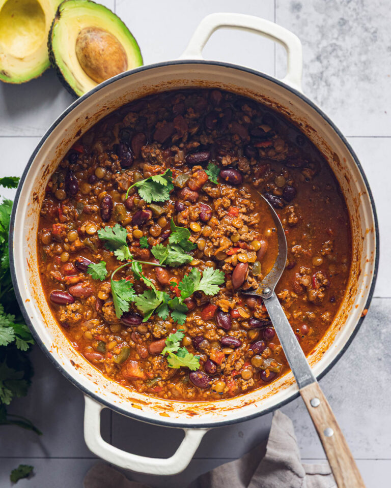 Smoky beef lentil chili with ground beef, brown lentils and kidney beans