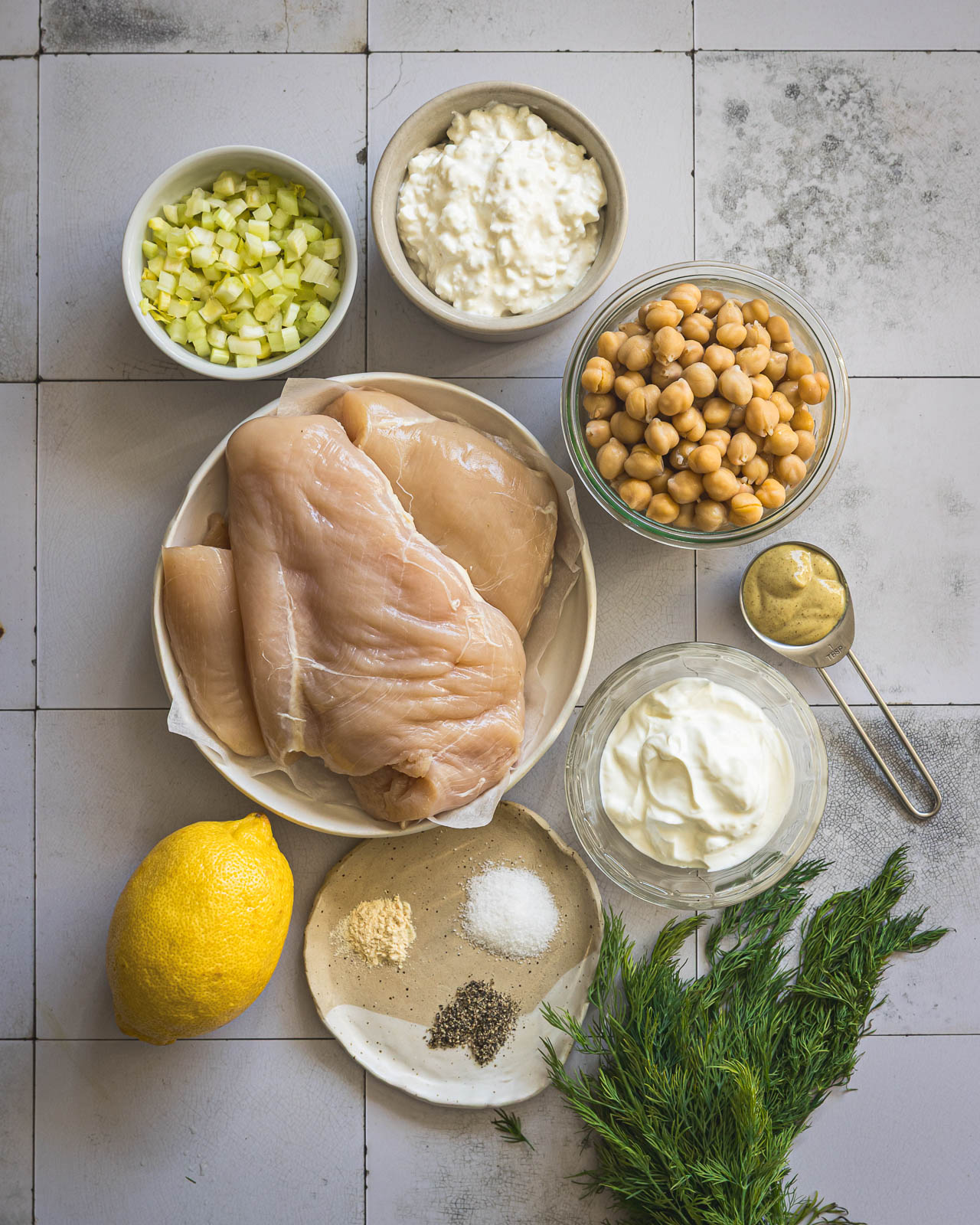 Ingredients for chicken and chickpea salad with cottage cheese and Greek yogurt