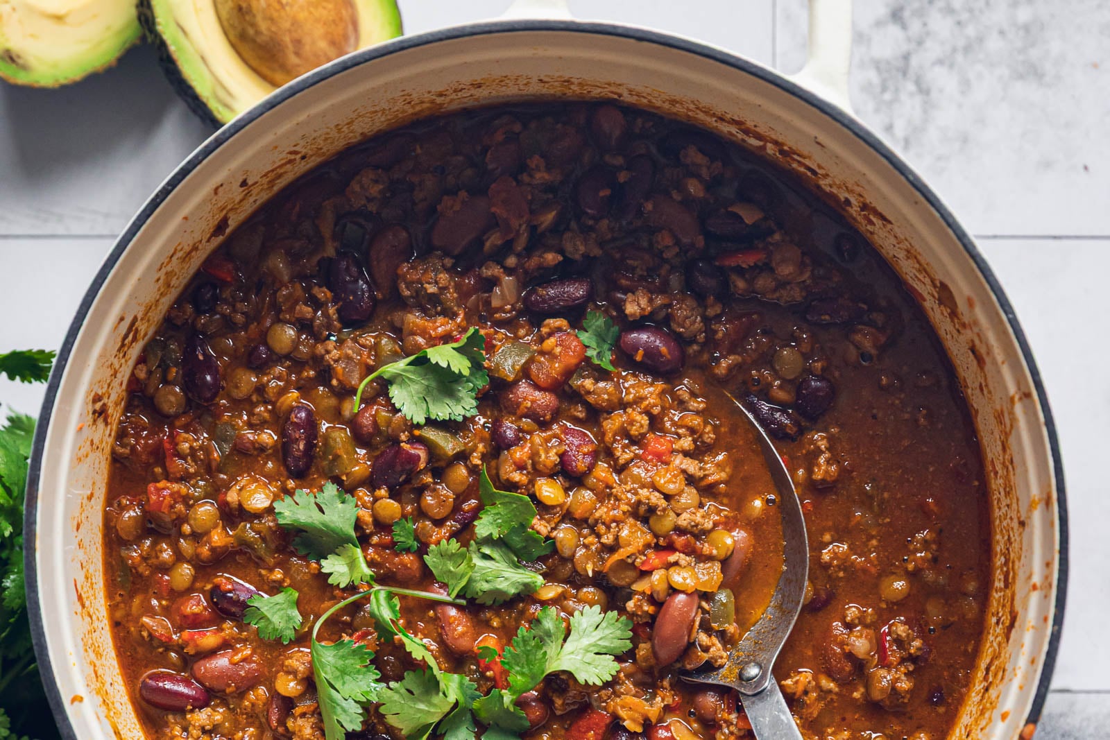 Smoky beef lentil chili with ground beef, brown lentils and kidney beans